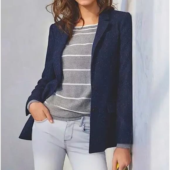 NEW Banana Republic Speckled Navy Single Breasted Hcking Collared Jacket Blazer - Picture 1 of 9